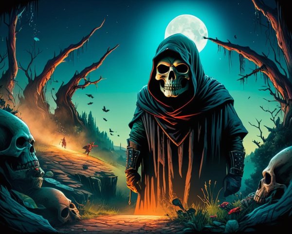 Eerie Landscape with Cloaked Figure and Misty Path
