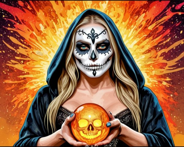 Figure with Skull Face in Fiery Background
