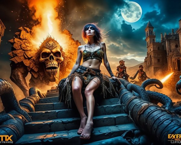Warrior Woman on Stone Steps in Fiery Landscape