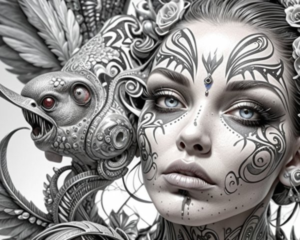 Close-Up of Woman's Face with Tribal Tattoos and Nature