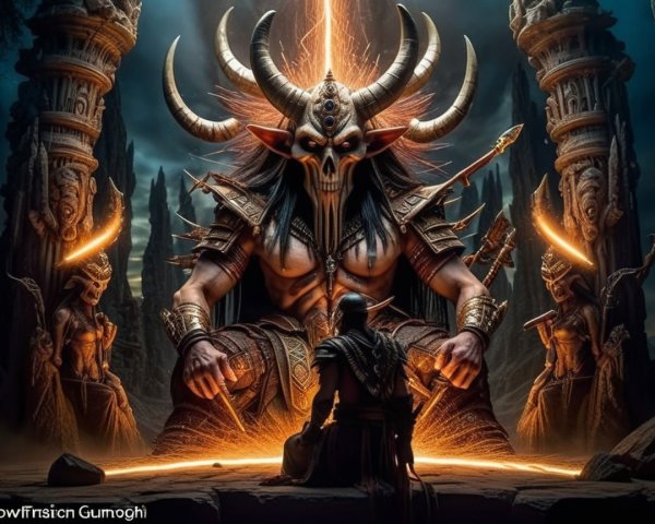 Horned Figure on Throne Amidst Ancient Ruins