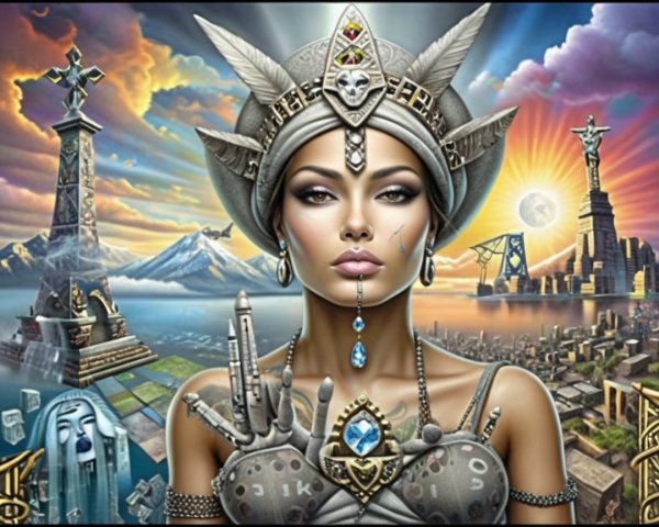 Futuristic Female Figure in Intricate Armor Against Landscape