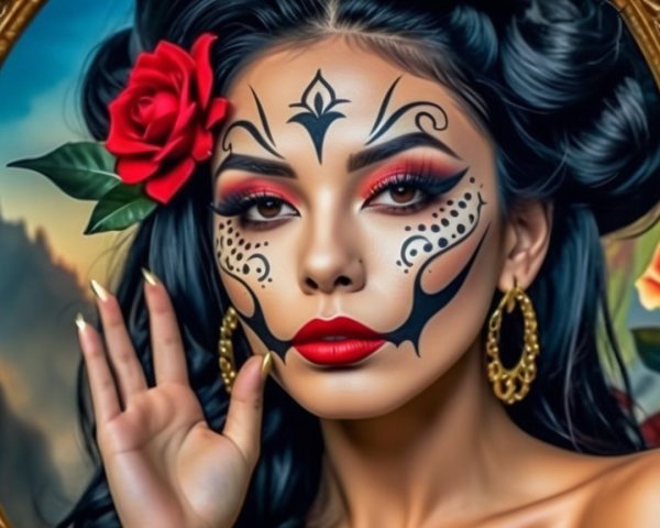 Portrait of a woman with intricate face paint and bold lips