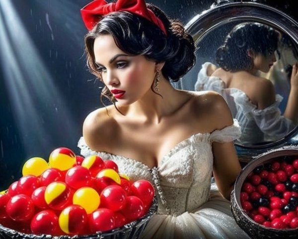 Glamorous Woman in Vintage Gown and Colorful Bowls