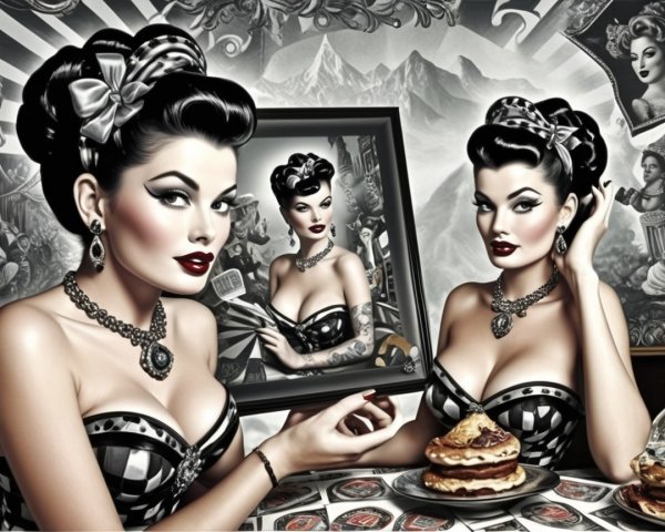 Vintage Scene with Glamorous Woman and Desserts