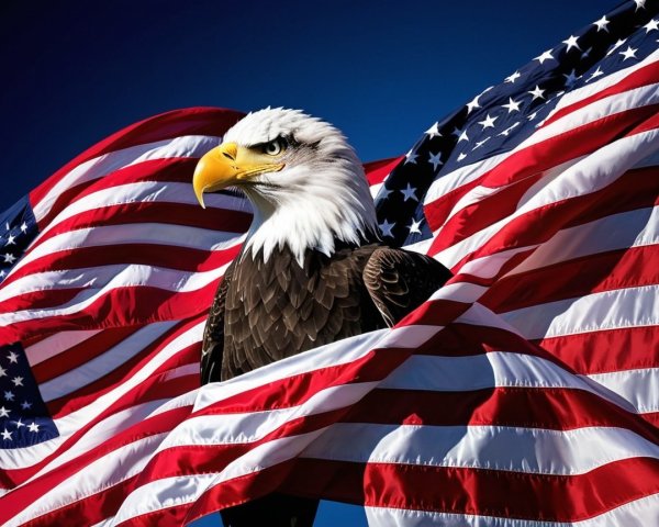 Bald Eagle Against Flowing American Flags Background