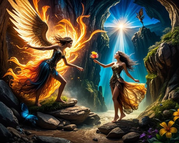 Mystical Cave with Enchanting Figures and Nature Elements