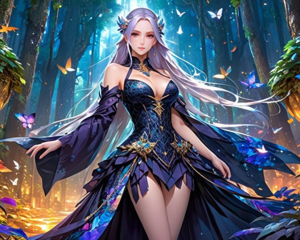 Mystical Figure in Enchanting Forest with Butterflies