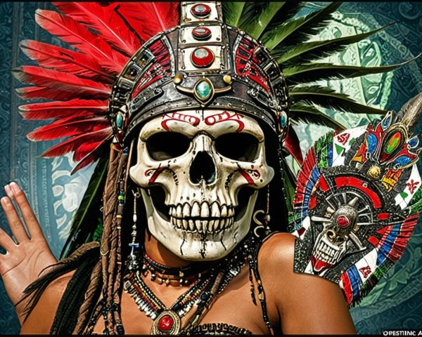 Portrait of a figure with a feathered headdress and mask