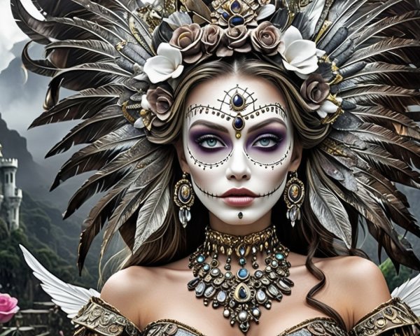 Elaborate Feathered Headgear and Fantasy Landscape