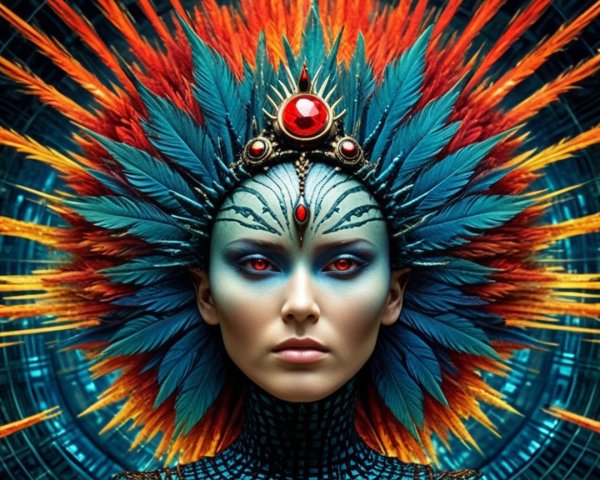 Portrait of a Woman with Colorful Feather Headdress