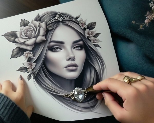 Monochrome Illustration of a Woman with Roses and Crown