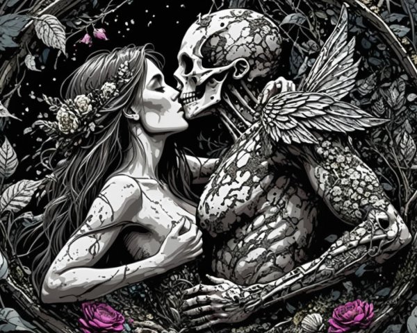 Skeletal Figure Embracing Floral Adorned Woman