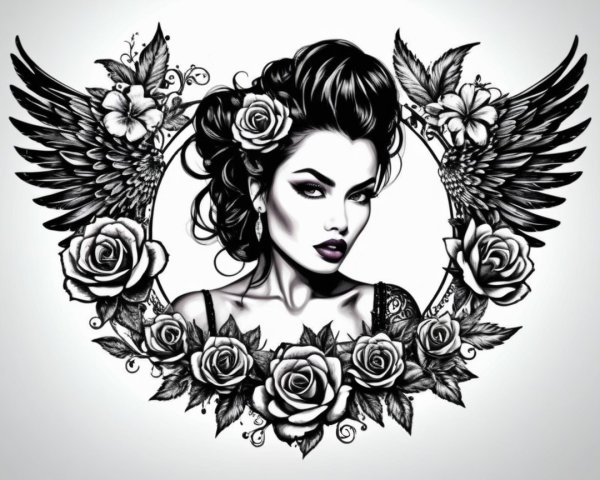 Black and White Illustration of a Woman with Flowers