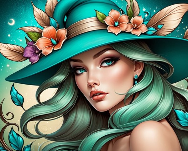 Woman with Teal Hair and Turquoise Hat in Dreamy Scene