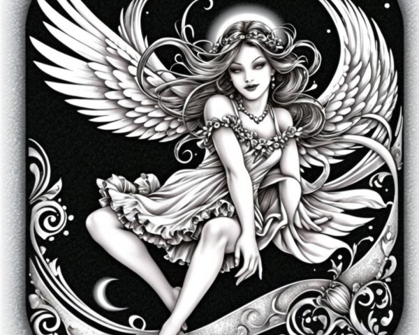 Detailed Black and White Illustration of an Angelic Figure