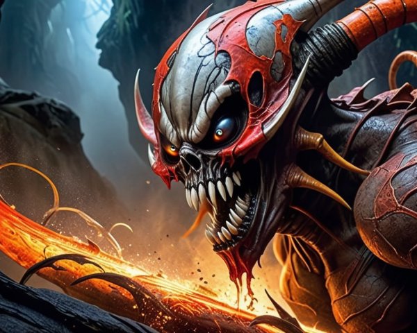 Monstrous creature with skull face and fiery sword