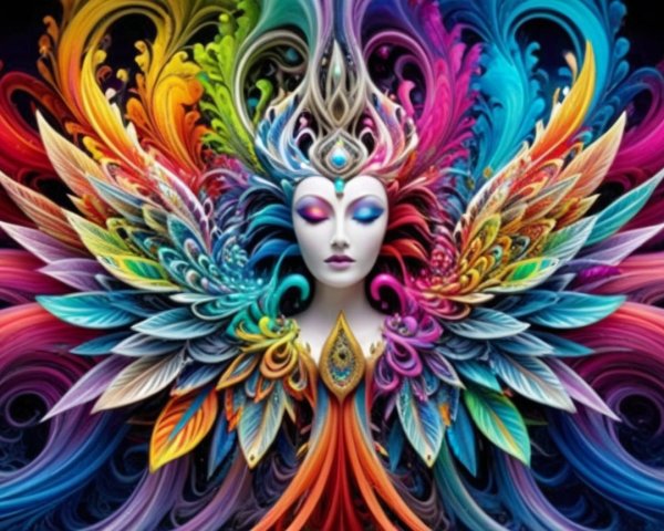 Vibrant Figure Surrounded by Colorful Patterns