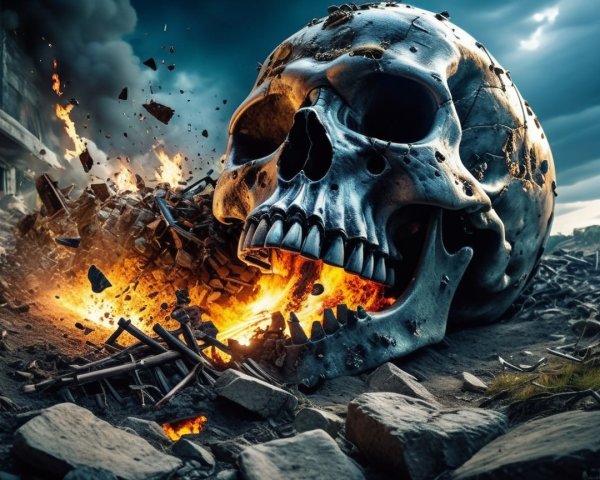 Metallic skull amid chaotic landscape with flames