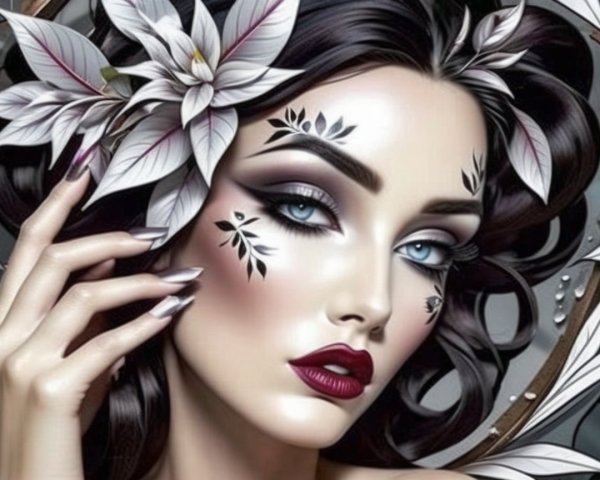 Portrait of a woman with dramatic makeup and flowers