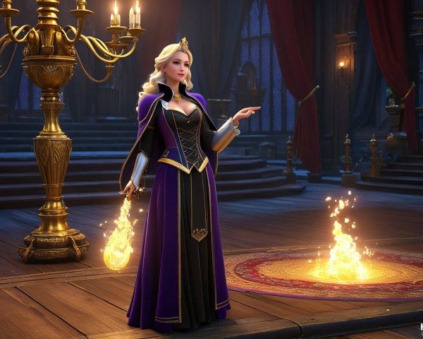 Regal figure in opulent room with glowing orb