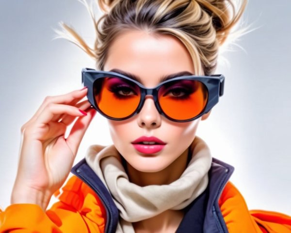Stylish woman in orange jacket and oversized sunglasses