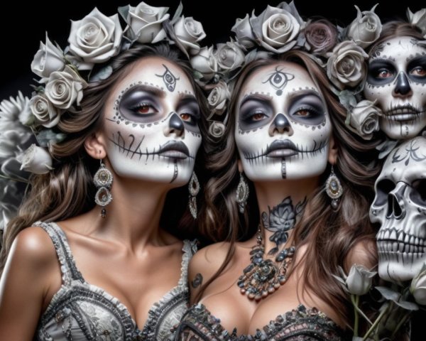 Elegant Women in Day of the Dead Makeup and Florals