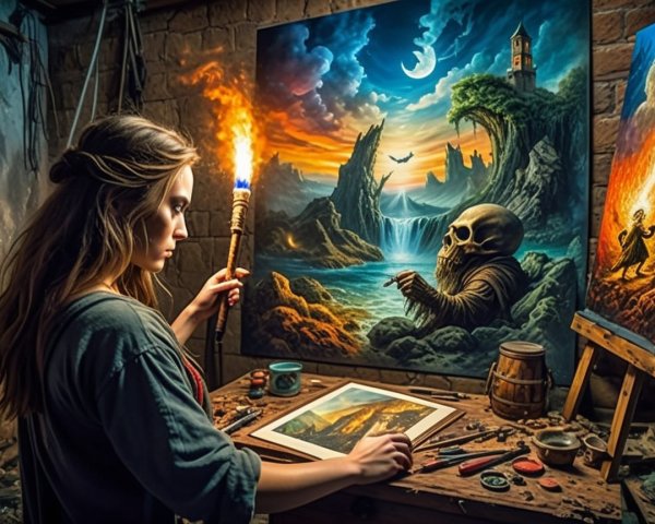 Young Woman in Studio with Mystical Paintings
