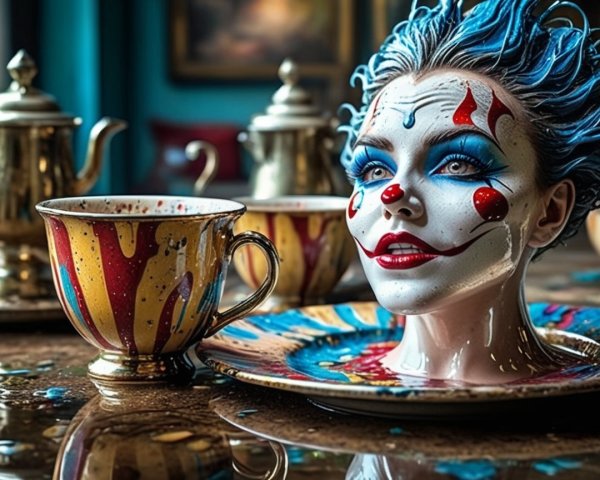 Clown-Themed Head Sculpture with Colorful Teapots