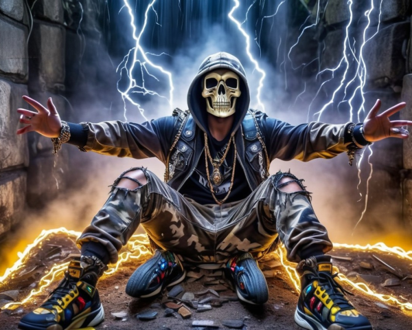 Figure in Skull Mask with Edgy Fashion Elements