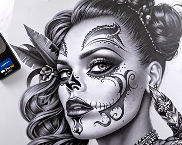 Black and White Portrait of Woman with Sugar Skull Makeup