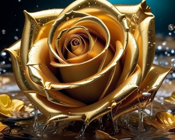 Gold Rose on Shimmering Surface with Water Droplets