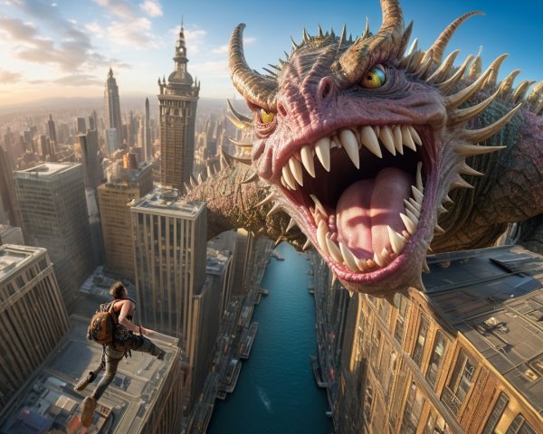 Colossal dragon roars over a vibrant cityscape at sunset