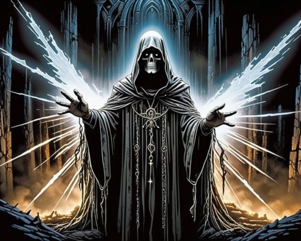 Skeletal Figure in Dark Robes in Gothic Landscape