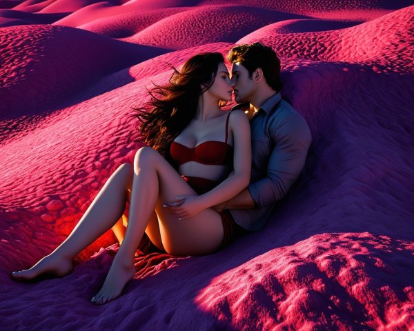 Couple Kissing in Surreal Pink Sand Dune Landscape