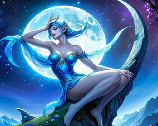 Mystical figure on crescent moon in starry night sky