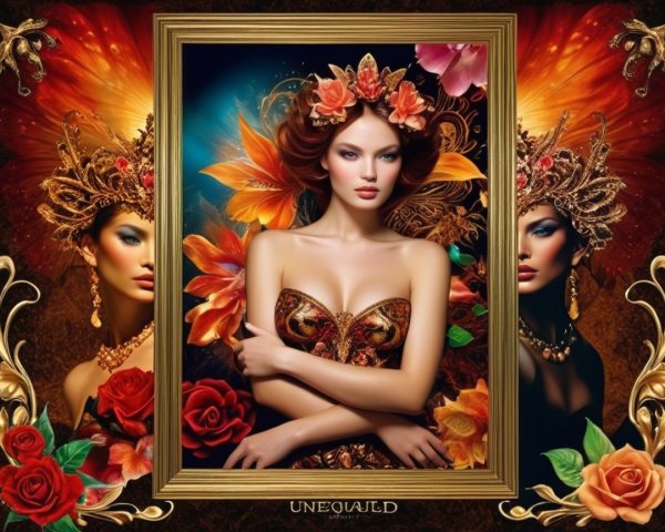 Vibrant Artwork of Central Female Figure and Portraits