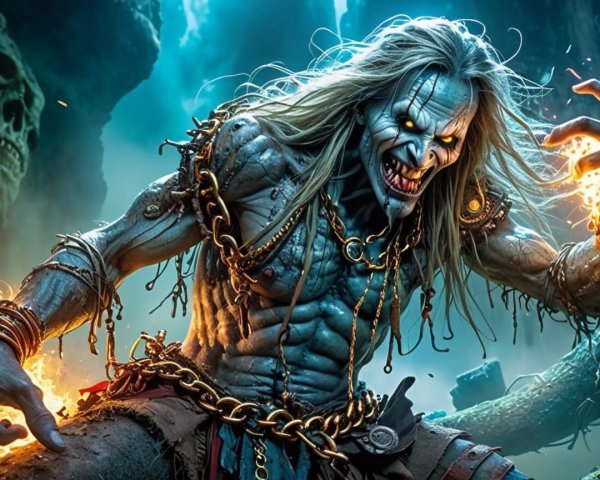 Menacing creature in dark mystical setting with chains