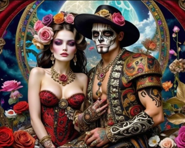 Couple in Mystical Setting with Floral Patterns and Moon