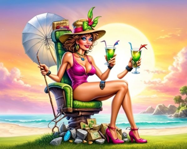 Glamorous Woman in Swimsuit at Beach Chair with Cocktails