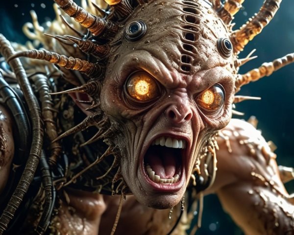 Menacing creature with organic machinery and fierce expression