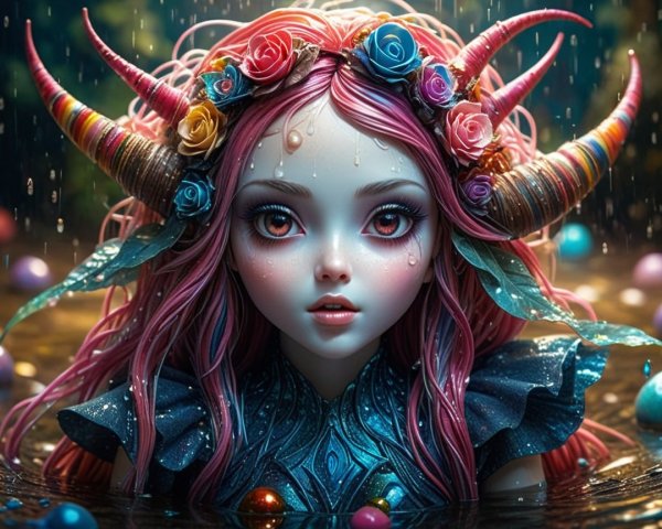 Fantastical character by shimmering pool with flowers