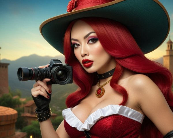 Confident Woman in Vintage Outfit with Camera and Scenery