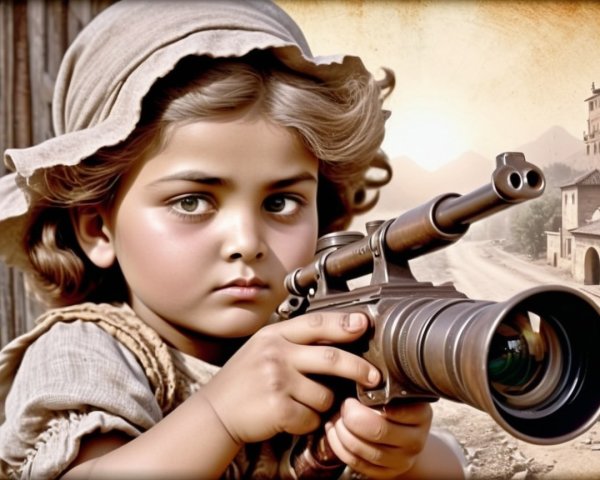 Child with Curly Hair Holding Vintage Camera Outdoors