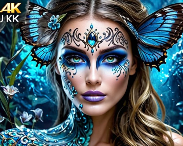 Portrait of Woman with Butterfly Face Paint and Hair