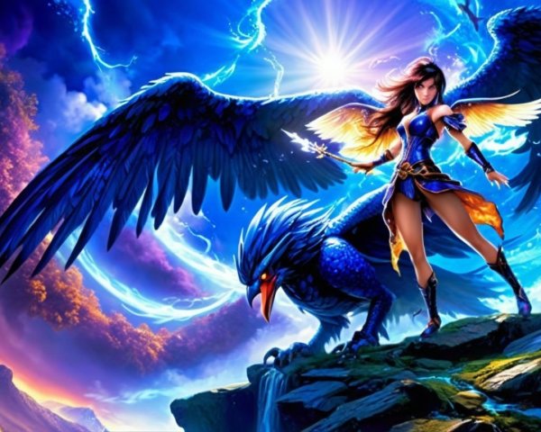 Fierce warrior with glowing staff and majestic wings