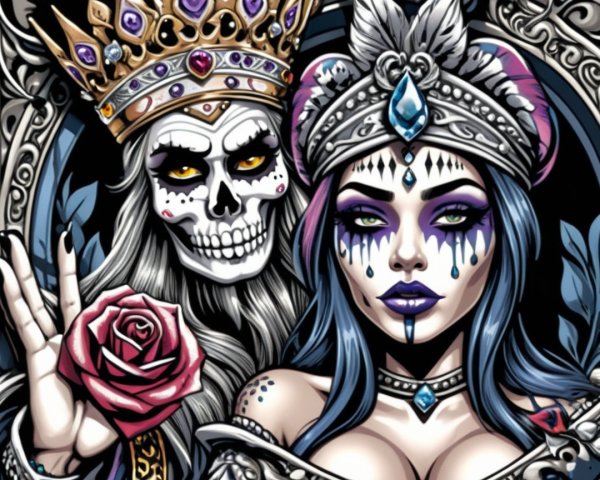 Fantastical Composition of Regal Woman and Skeletal Figure