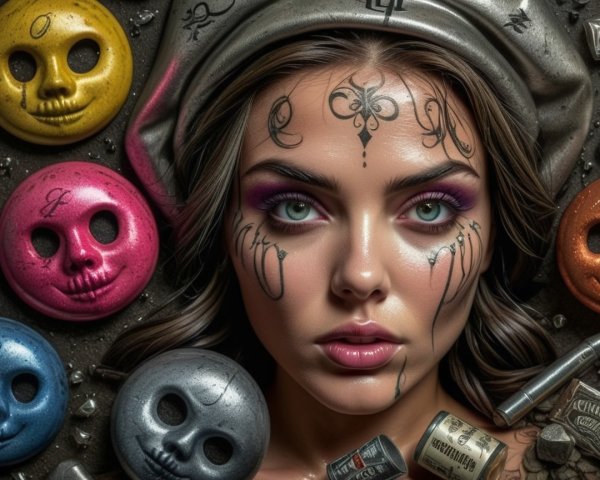Close-Up of Young Woman with Facial Tattoos and Skulls