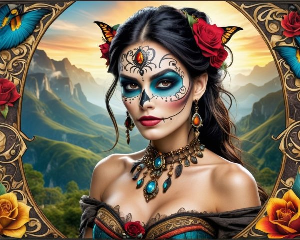 Woman with Sugar Skull Makeup in Mountain Landscape