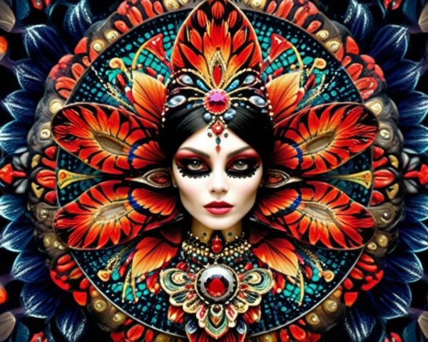 Intricate Illustration of Woman with Feather Mandala